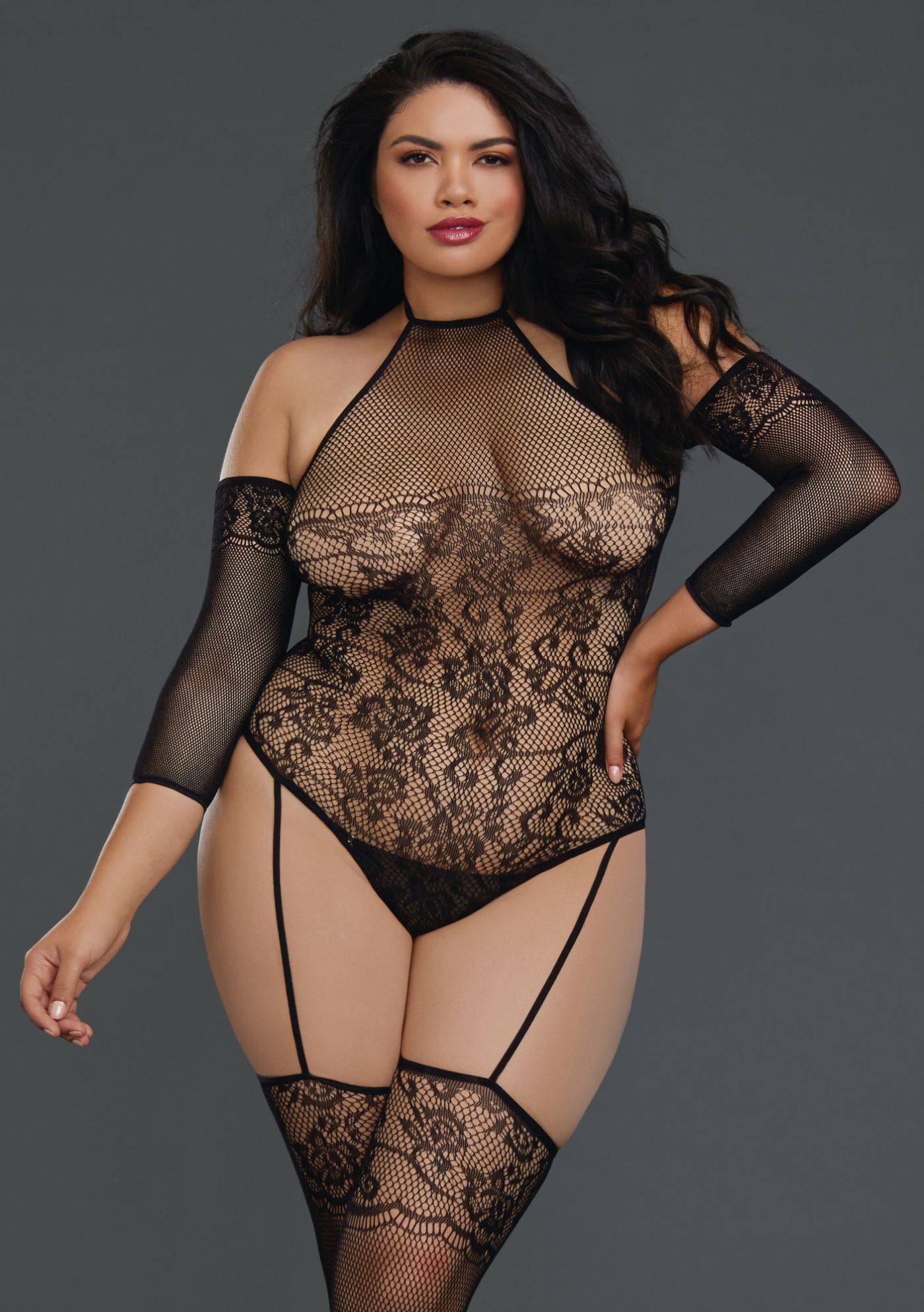 Net Teddy Bodystocking - sort - Queen (DG-0310X)