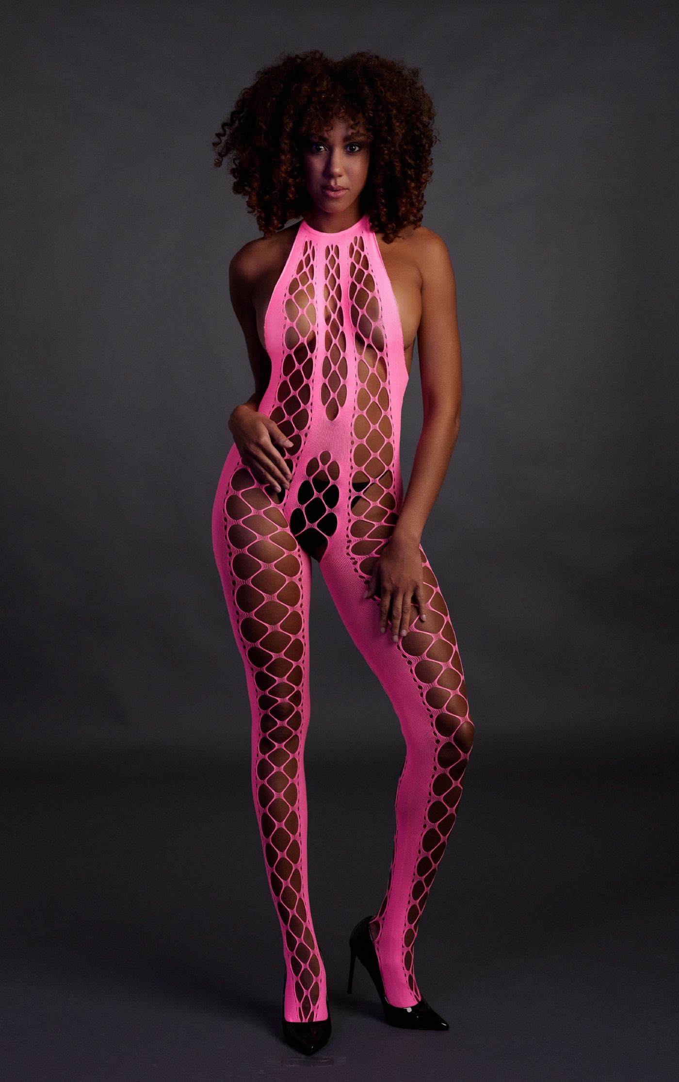 Pink Bodystocking med Halterneck - UV active